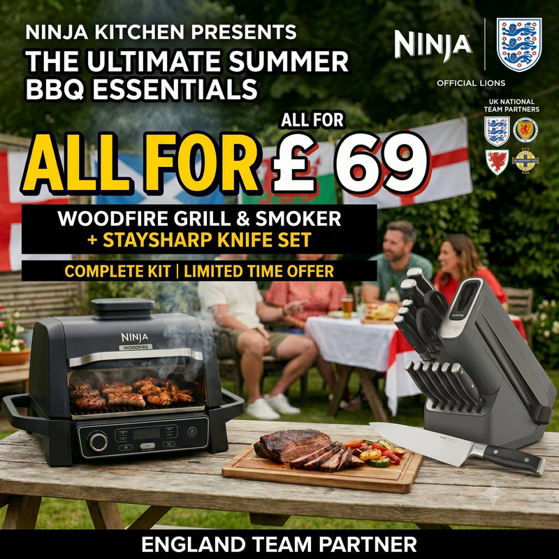 COMPLETE SUMMER BBQ KIT: WOODFIRE GRILL + STAYSHARP 14-PIECE KNIFE BLOCK